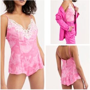 Free People Luella Print Lace Trim Satin Bodysuit Berry Kiss Combo Silky Pink